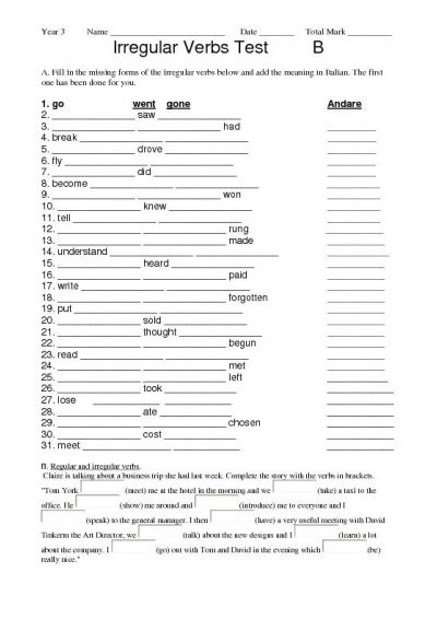 Irregular Verb Quiz Printable Worksheet Image