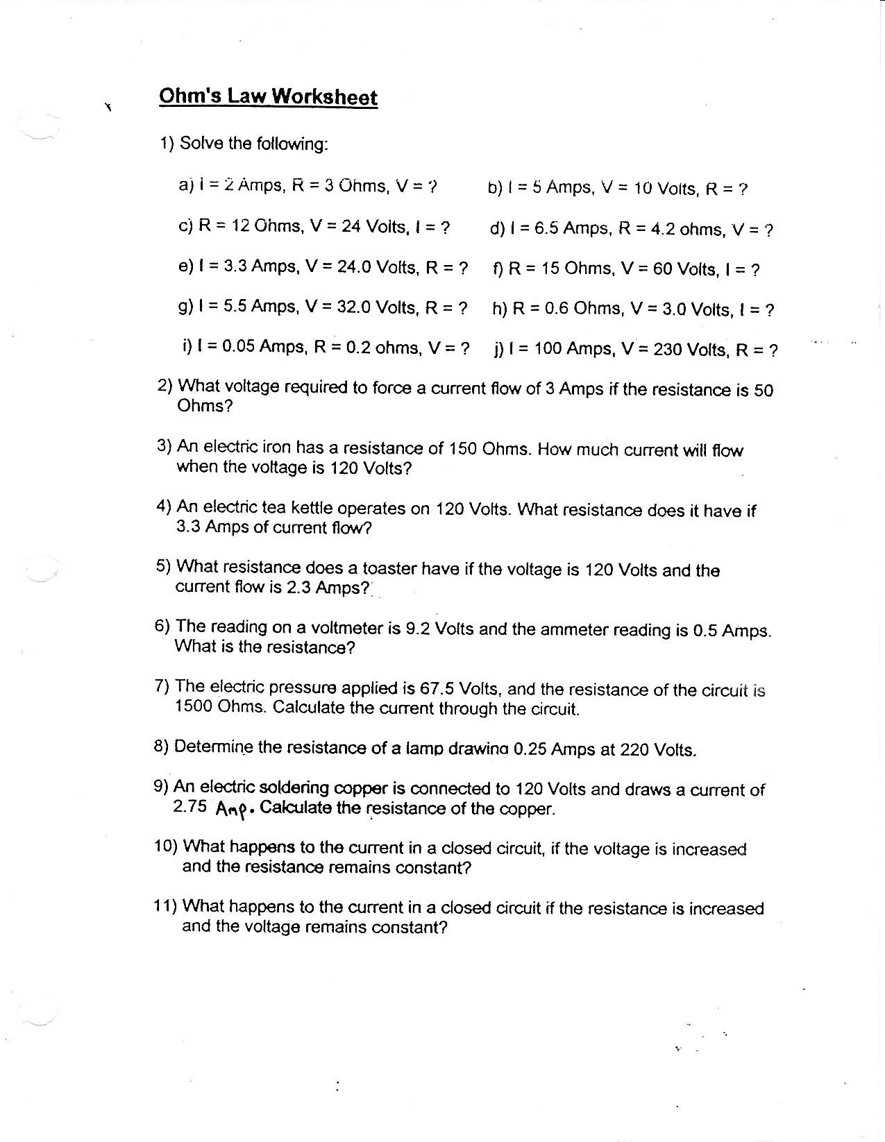 Ohms Law Worksheet Answers Image