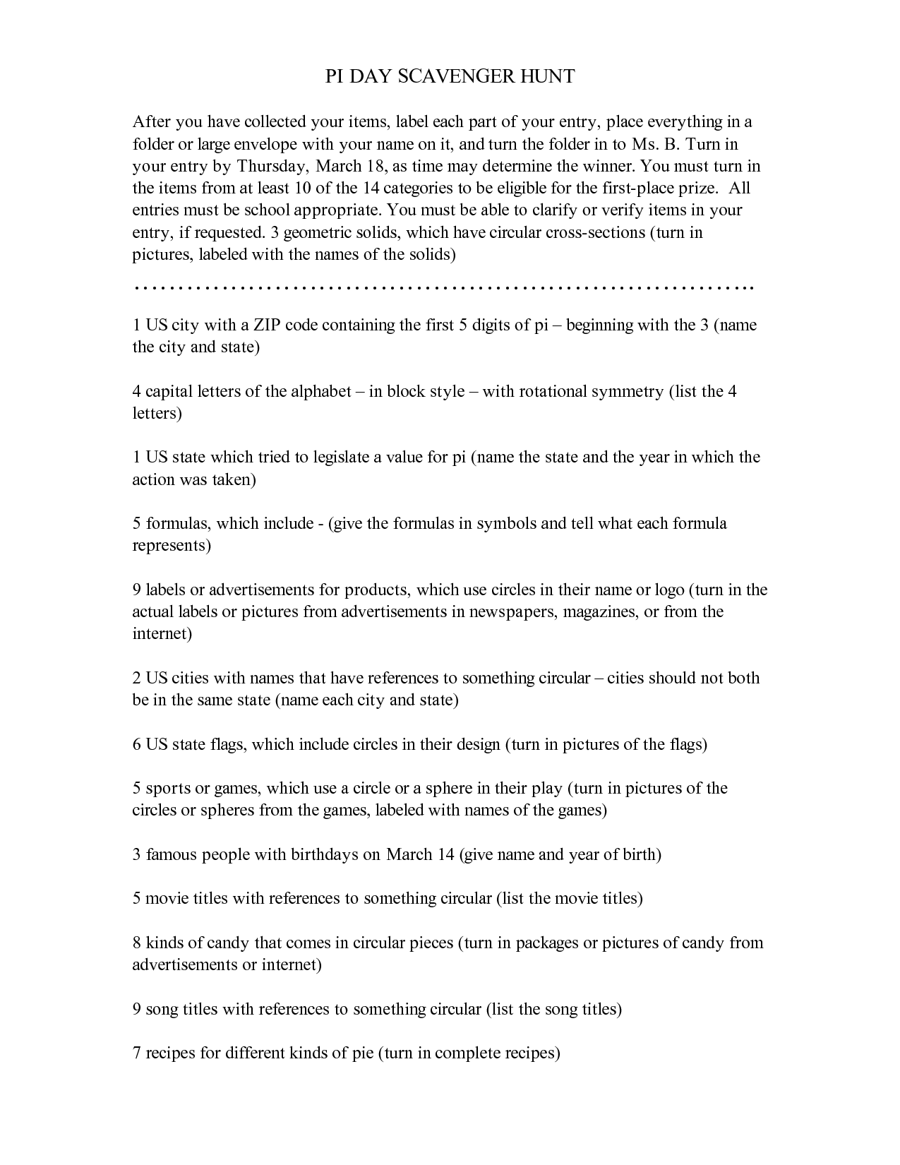 Pi Day Scavenger Hunt Worksheet