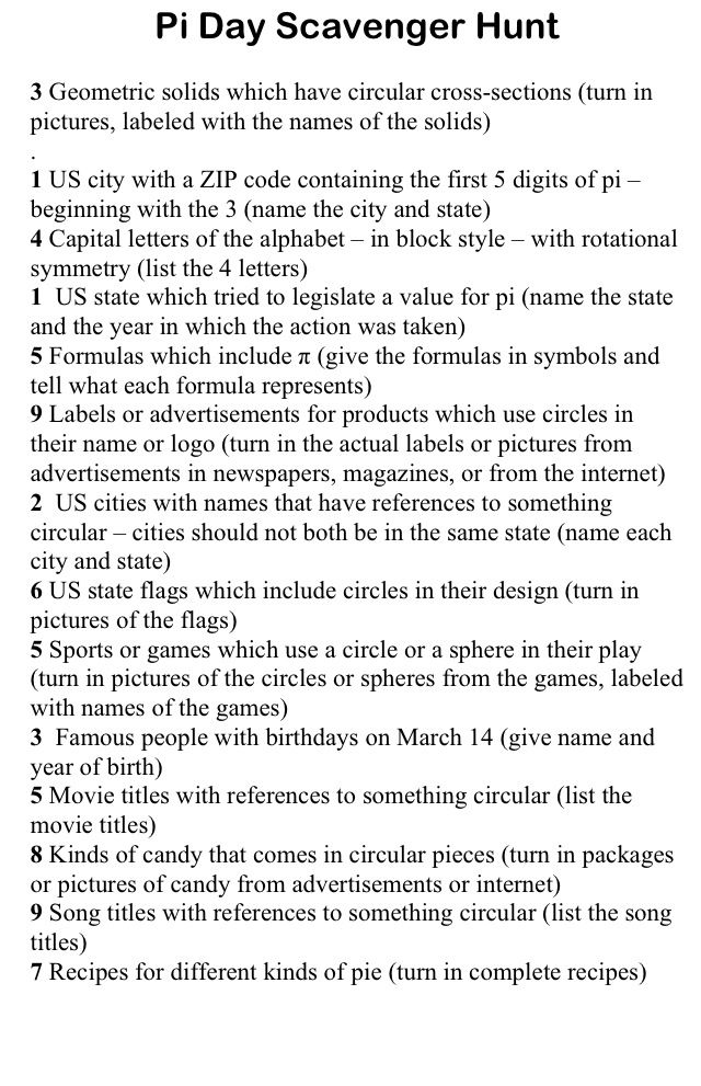 Pi Day Scavenger Hunt
