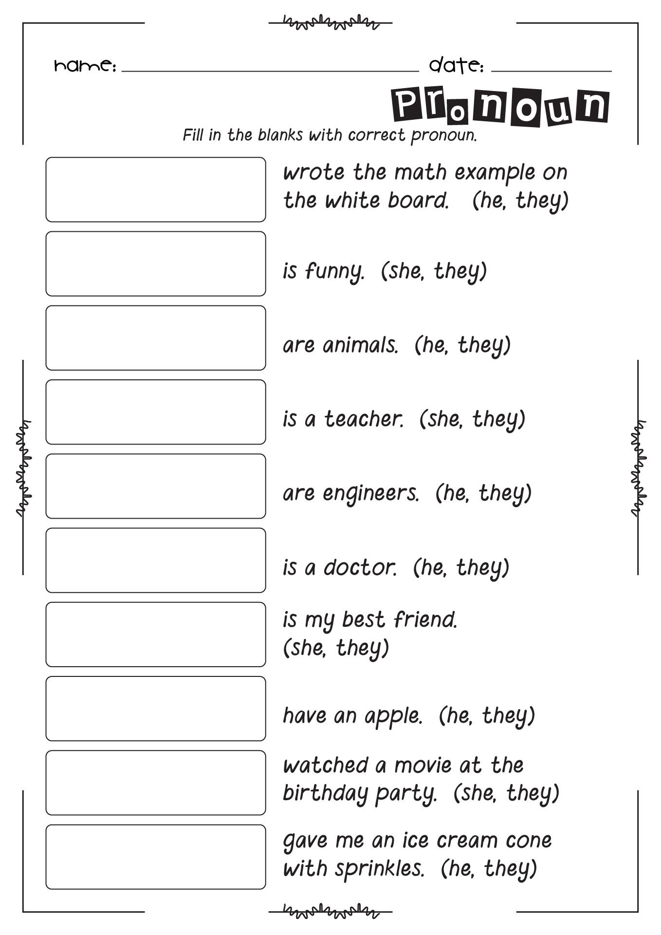 Pronoun Worksheets He She They