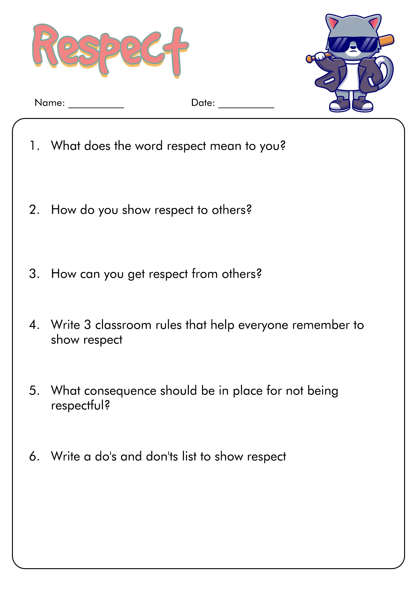 Respect Worksheets and Activities Teens