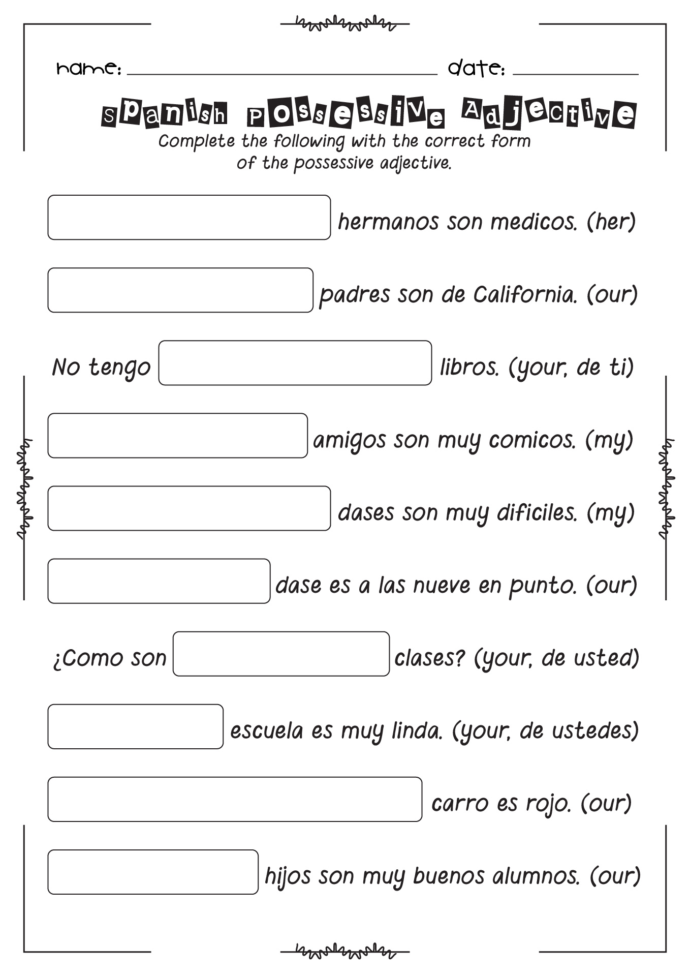 Spanish Possessive Adjectives Worksheet 2 Answers