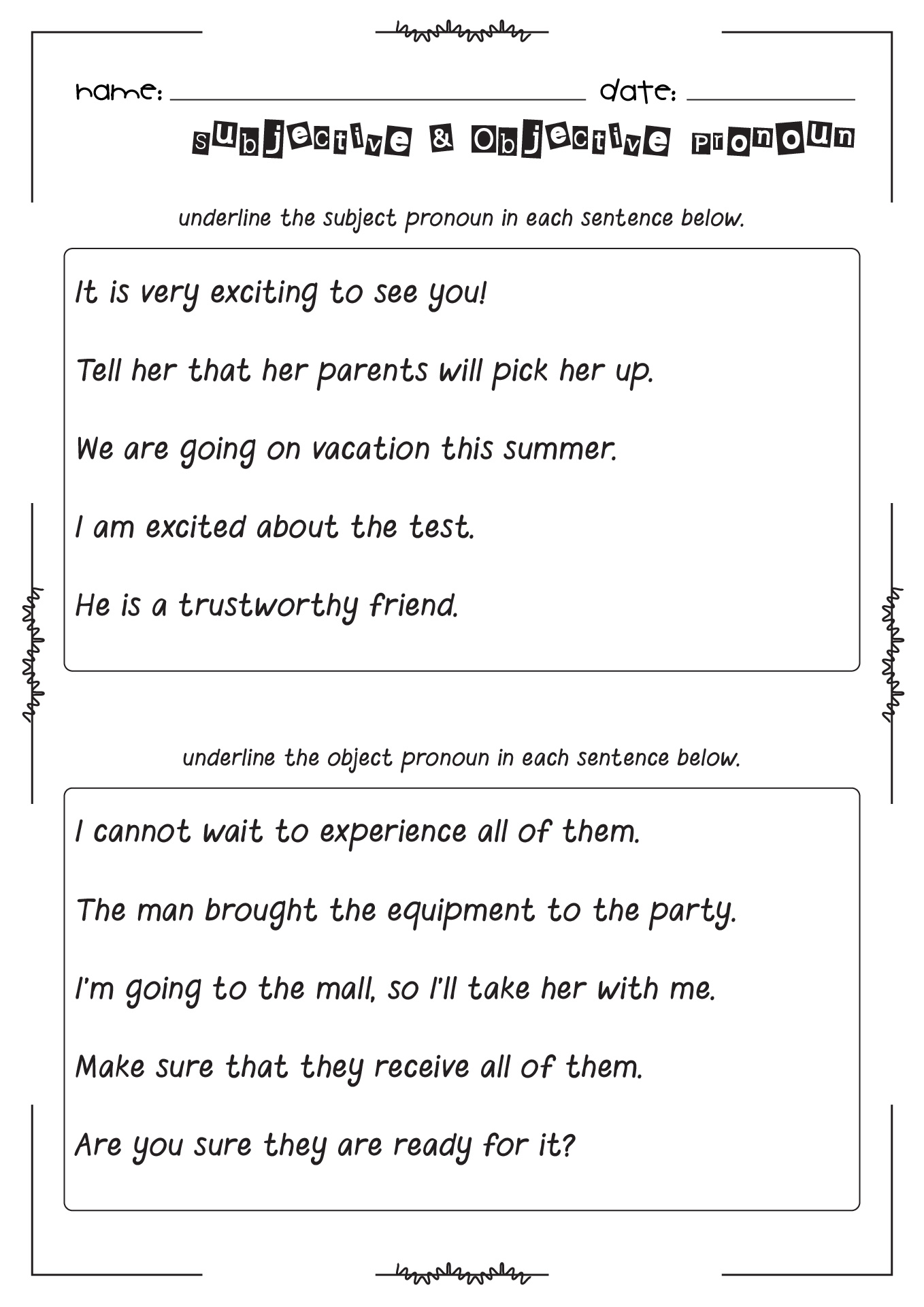 Subjective and Objective Pronouns Worksheets