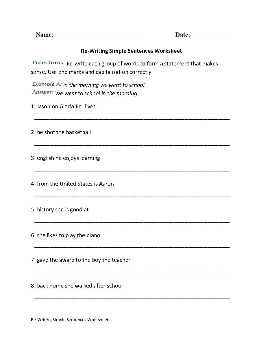 Writing Simple Sentences Worksheets