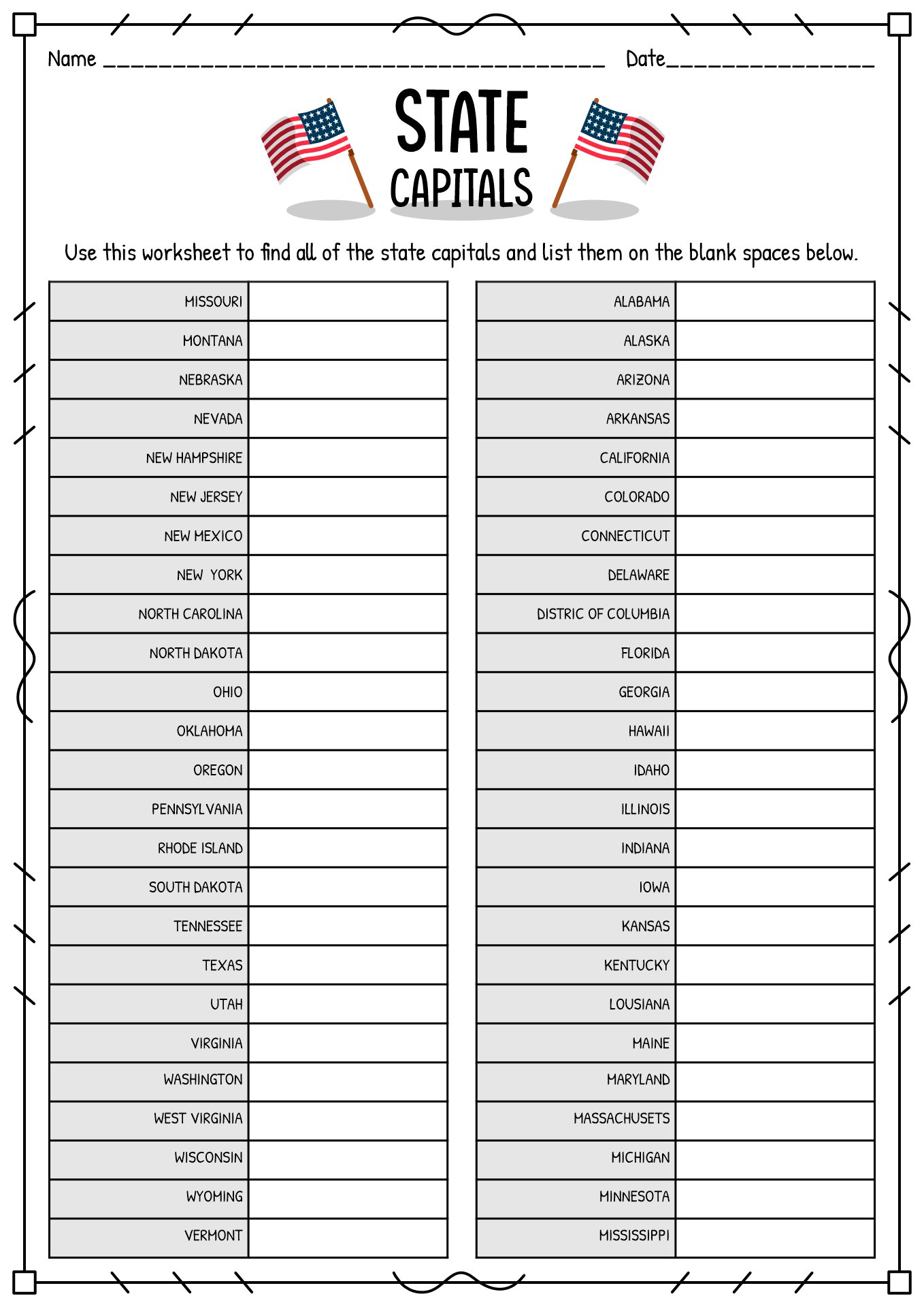 50 States and Capitals Worksheet