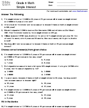 8th Grade Math Worksheet for Simple Interest Image