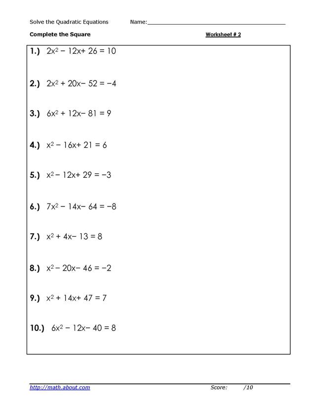 Completing the Square Quadratic Equations Worksheet Image