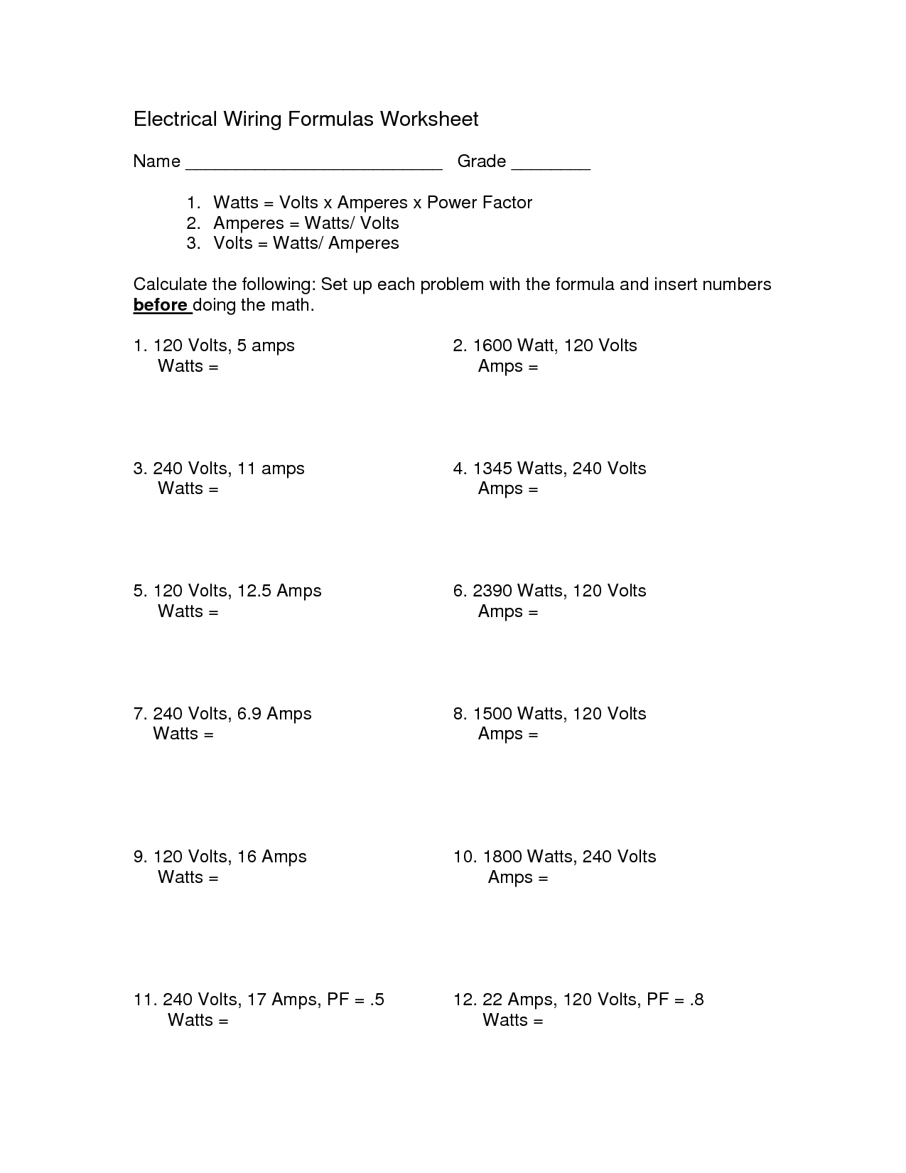 Electrical Formulas Worksheet