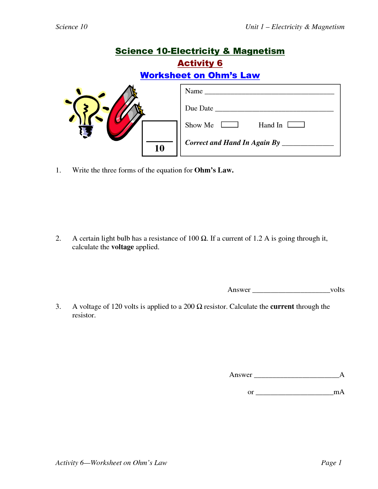Electricity Activity Worksheet