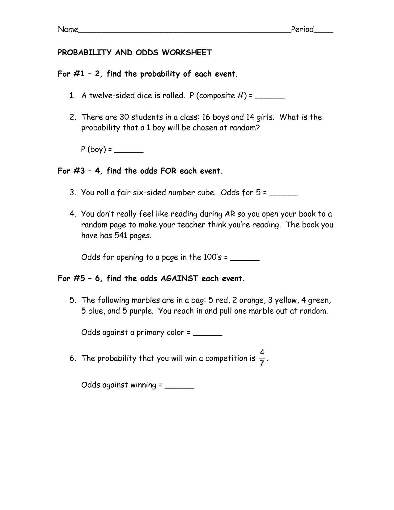 Experimental and Theoretical Probability Worksheet