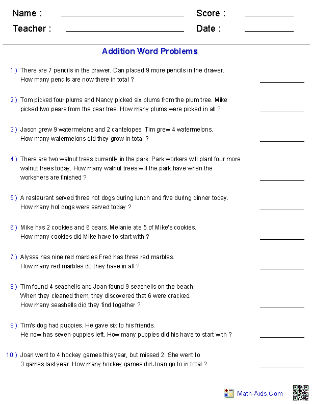 Free Math Word Problem Worksheets