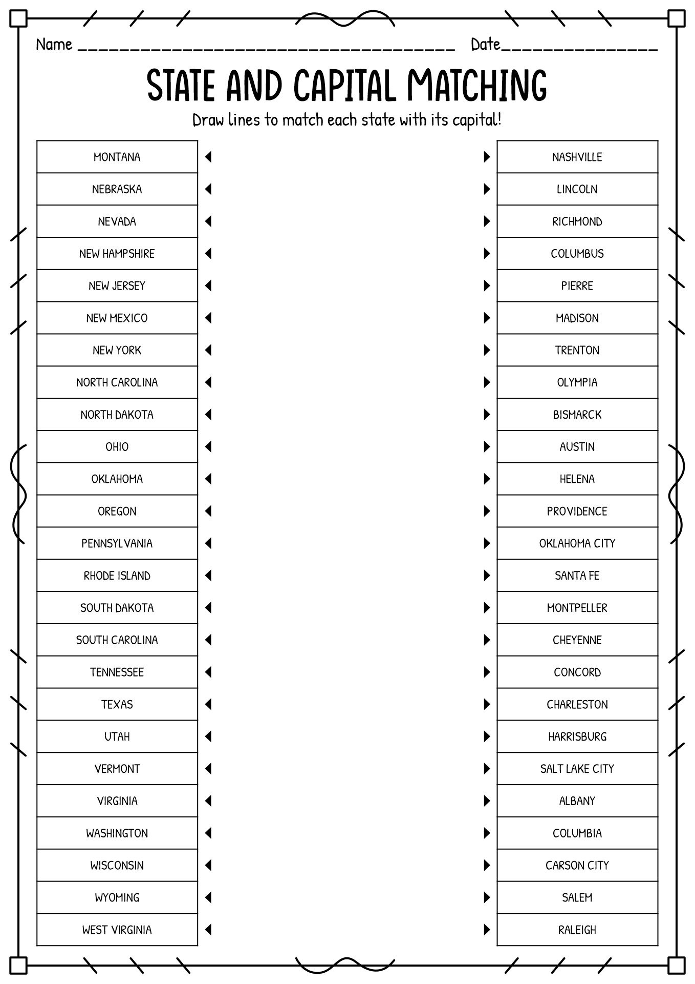 Free Printable States and Capitals Worksheets