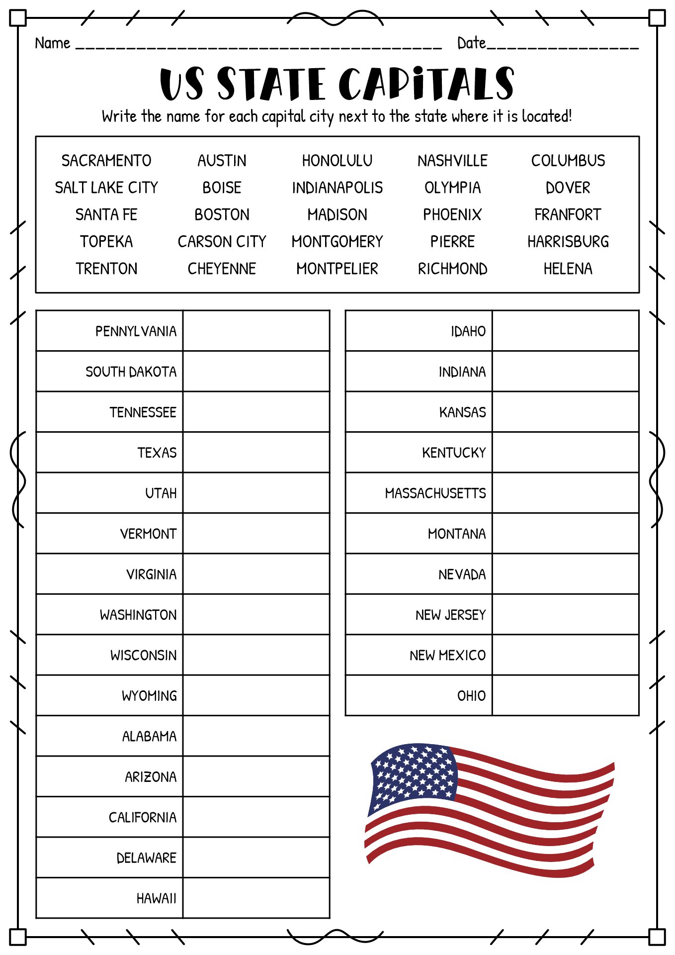 Kids States and Capitals Worksheets