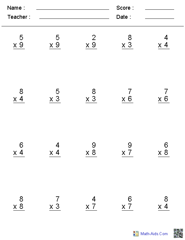 Multiplication Worksheet Math Sheets