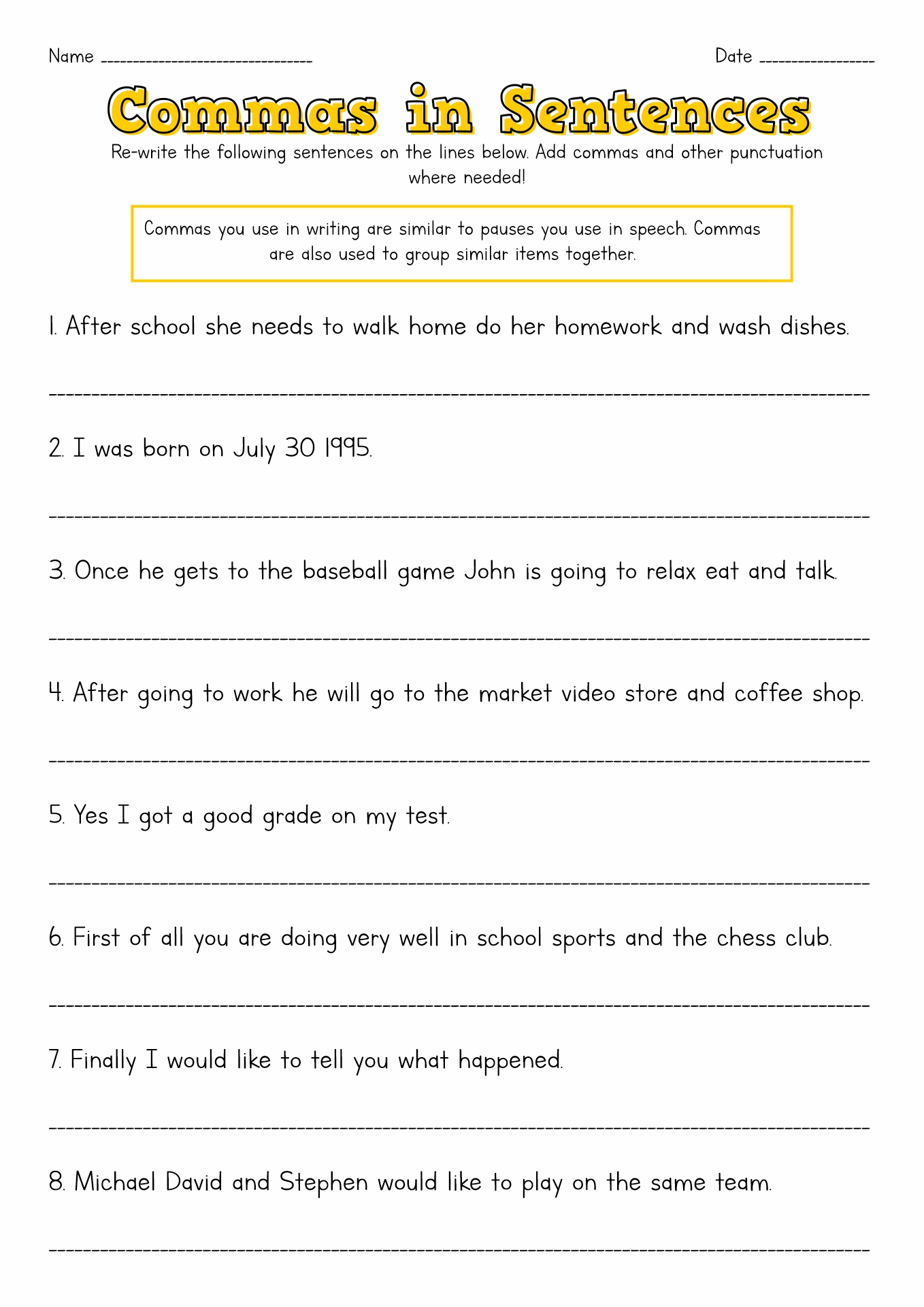 Printable 6th Grade Comma Worksheet Image