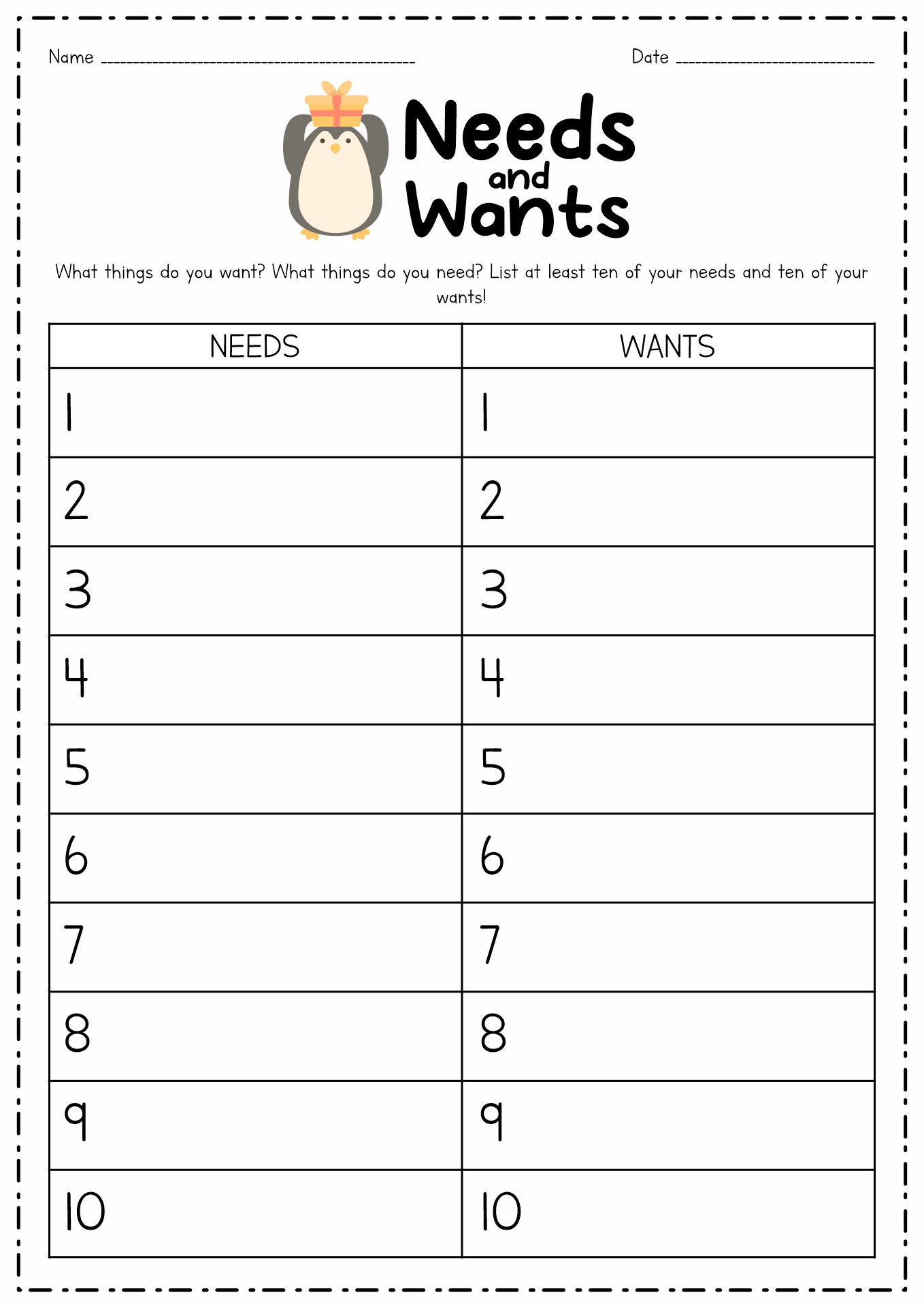 Printable Needs and Wants Worksheets Image