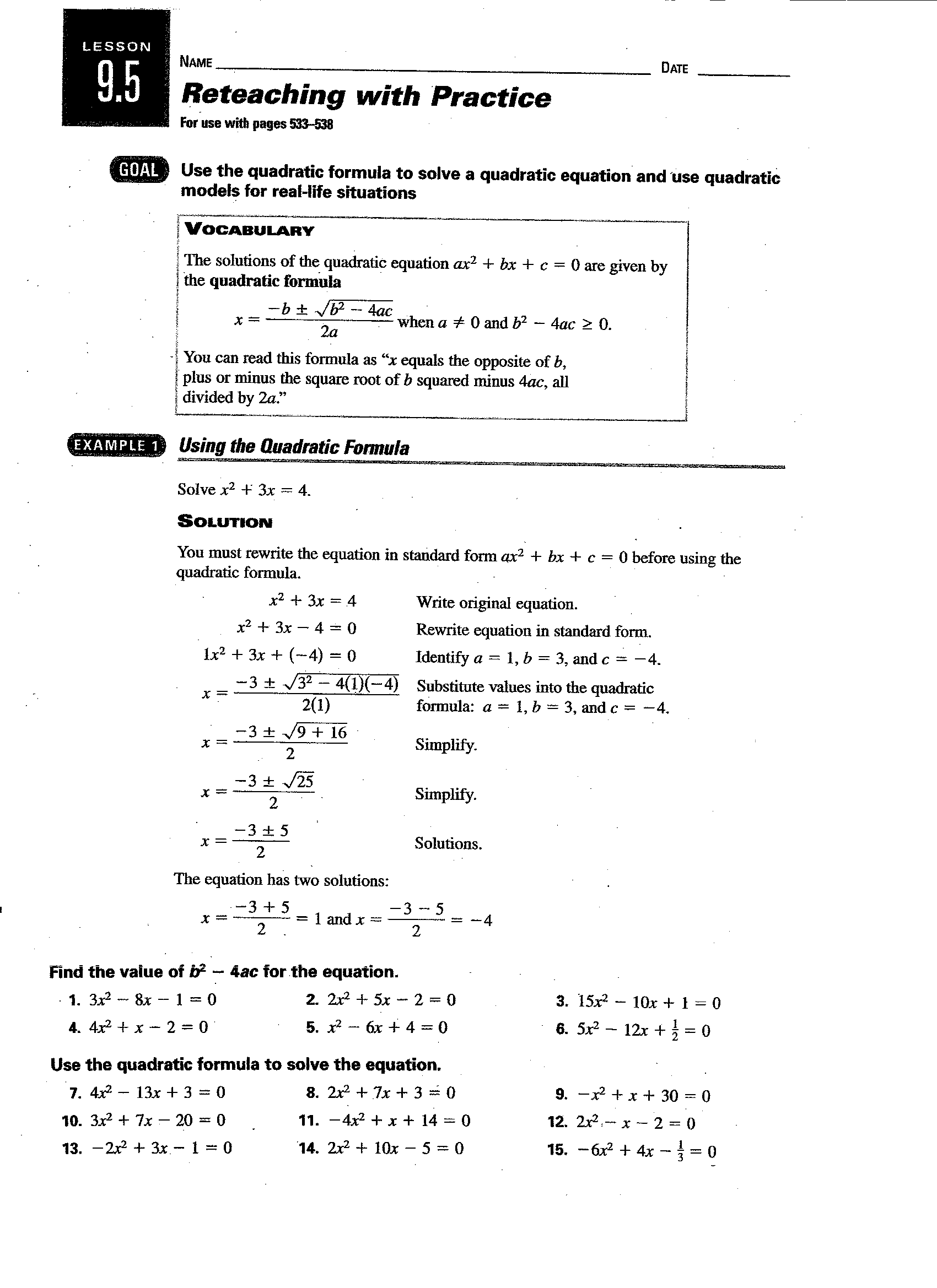 Quadratic Formula Worksheet Algebra 2