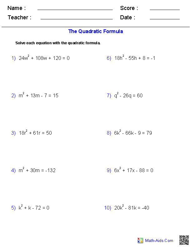 Quadratic Formula Worksheet Image