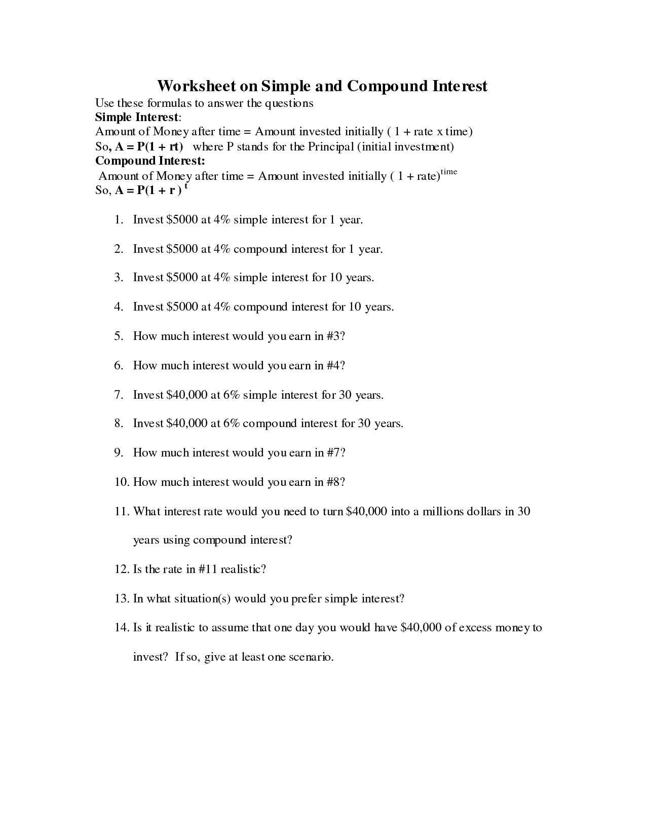 Simple and Compound Interest Worksheets Image