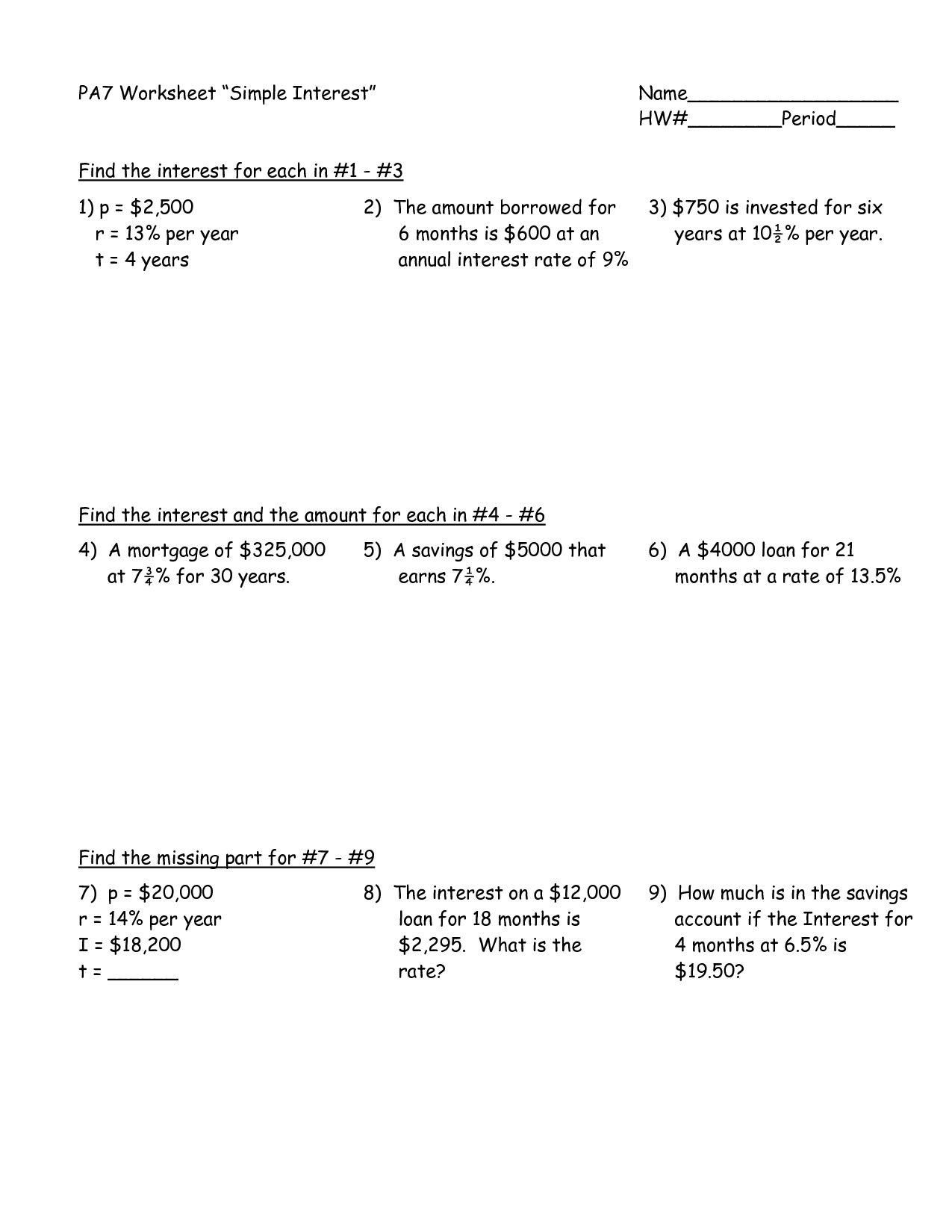 Simple-Interest Math Worksheets Image