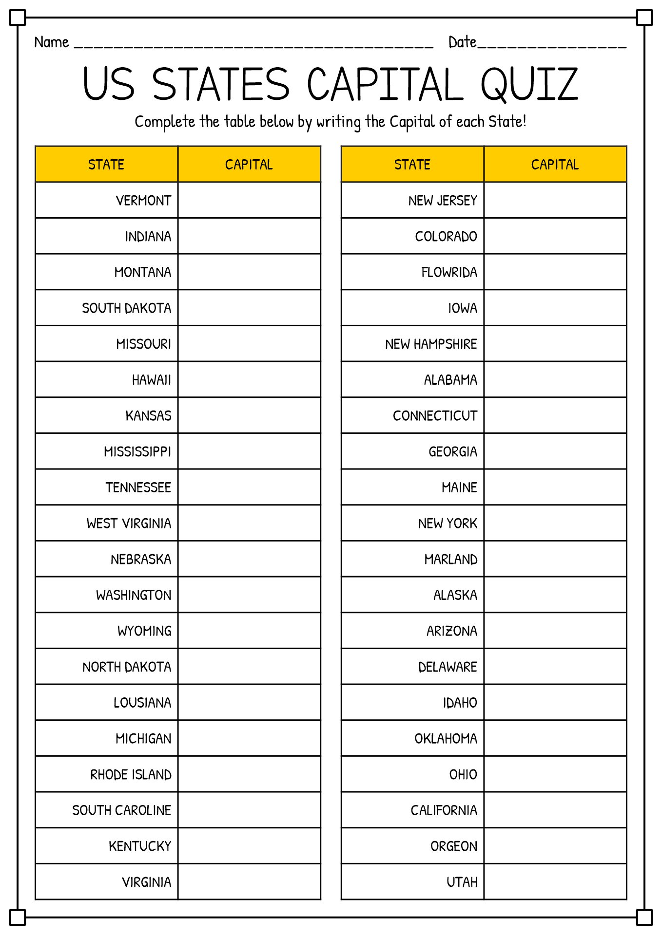 States and Capitals Quiz Worksheet