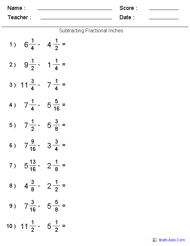 Subtracting Fractions Worksheets Image