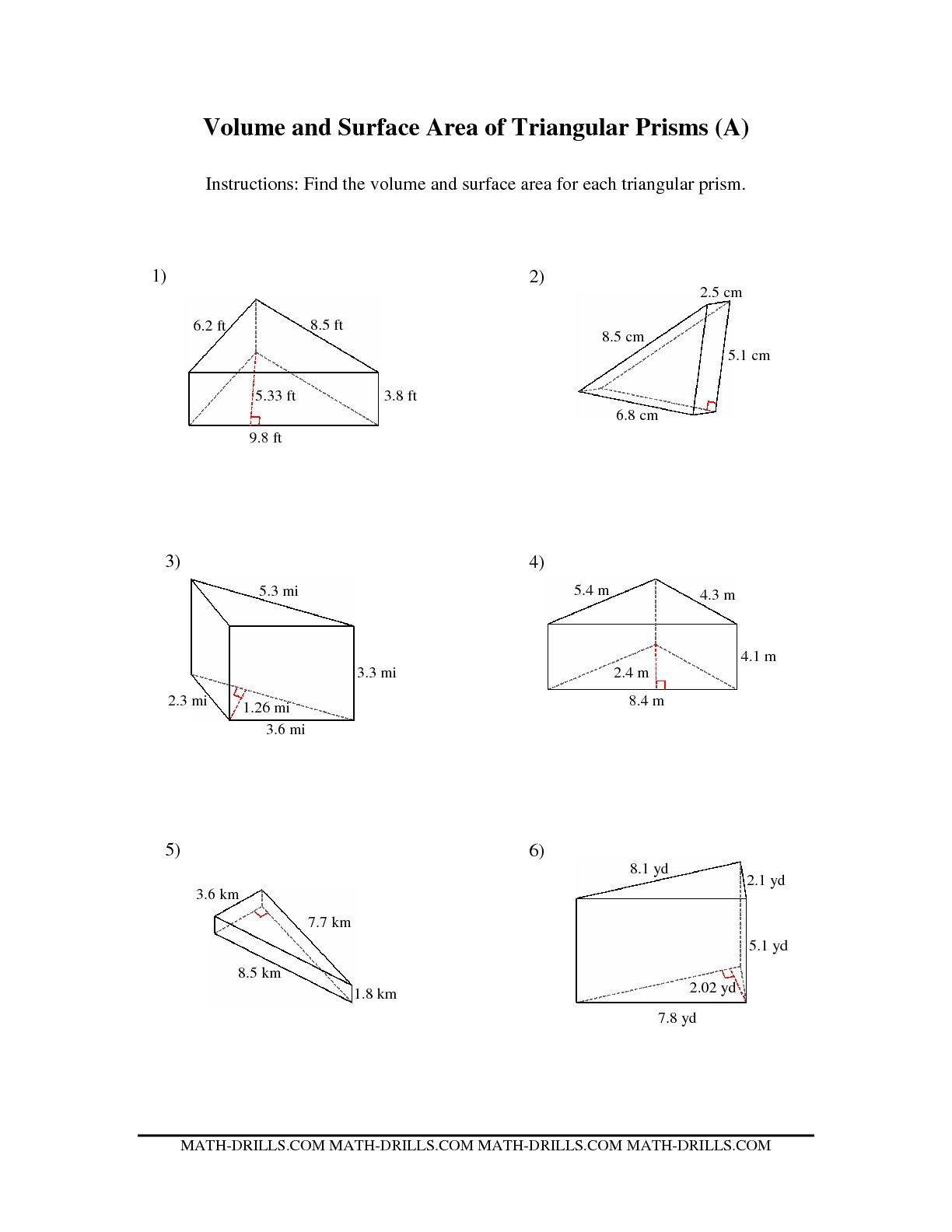 Triangular Prism Surface Area Worksheet