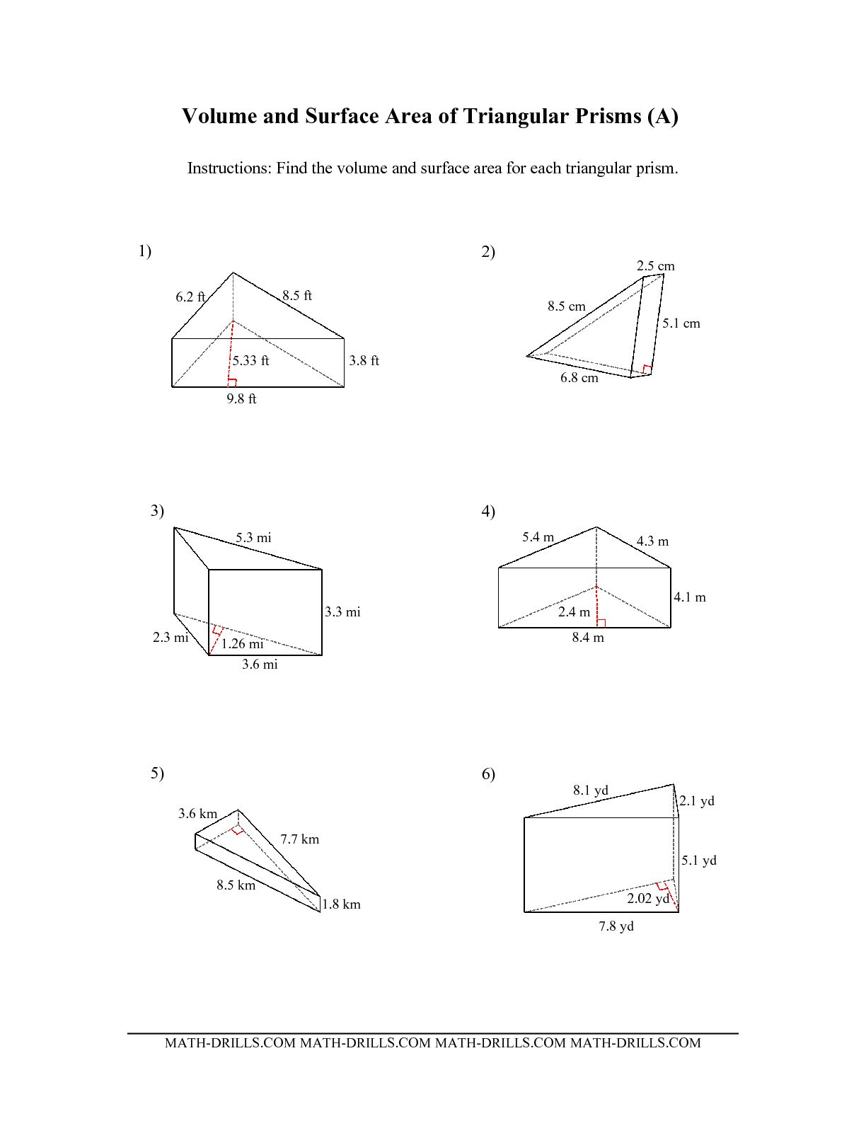 Triangular Prism Surface Area Worksheet