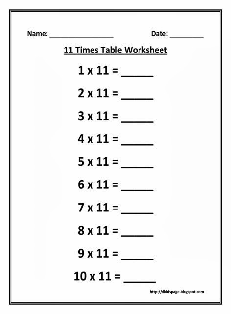 11 Times Table Worksheet Image