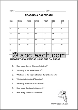 Calendar Reading Worksheets Image