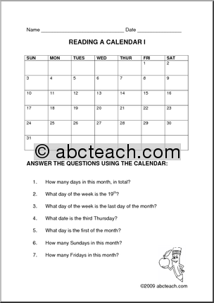 Calendar Reading Worksheets