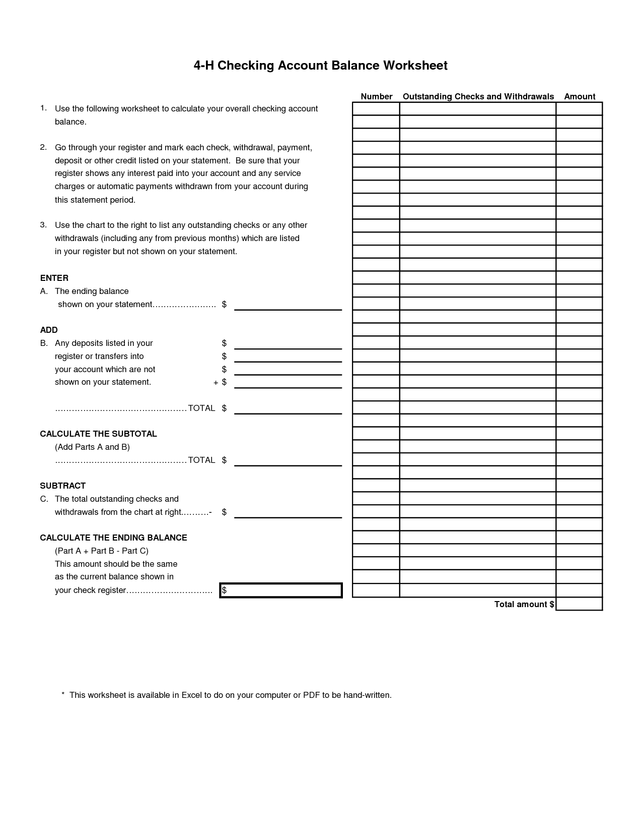 Checkbook Balancing Sheet Printable