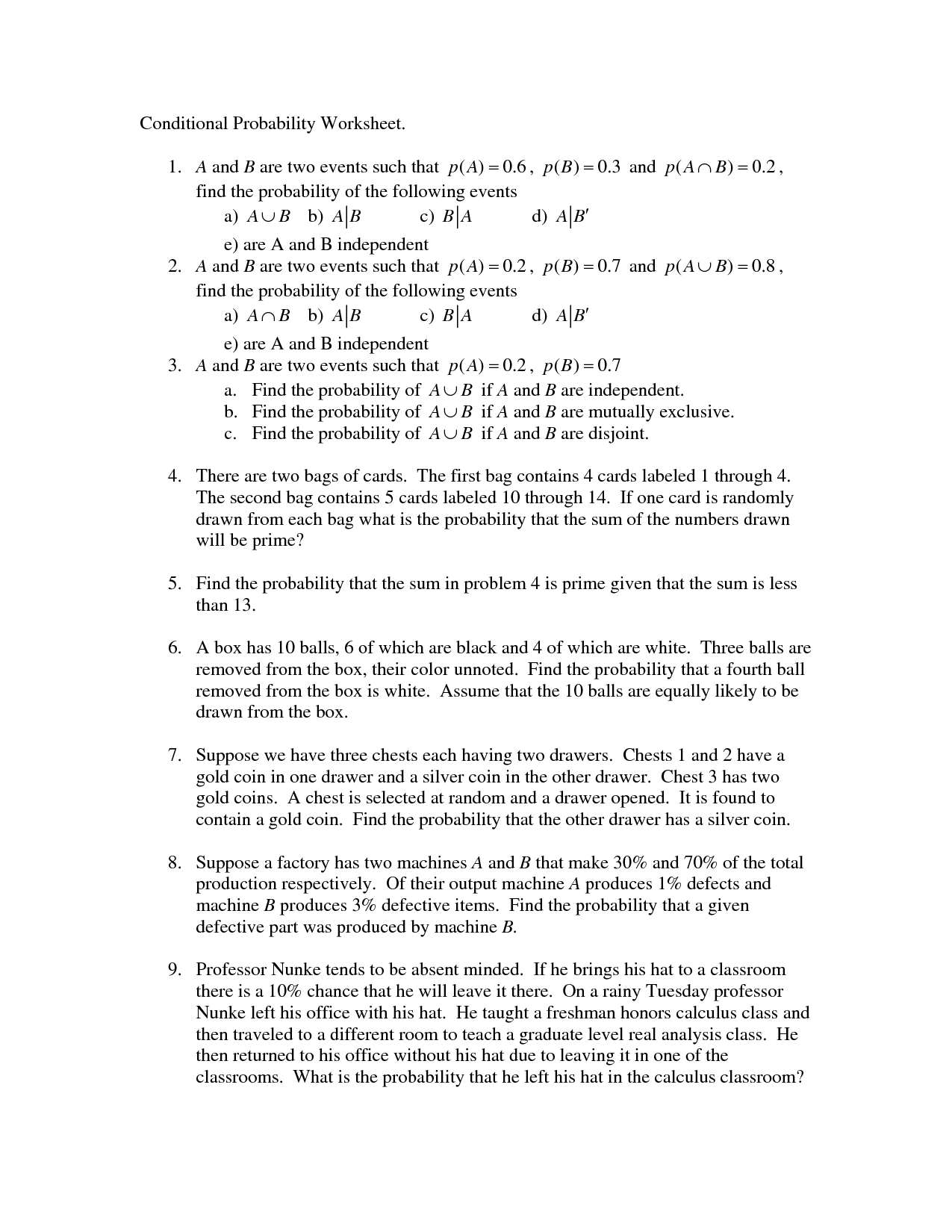 Conditional Probability Worksheet Image