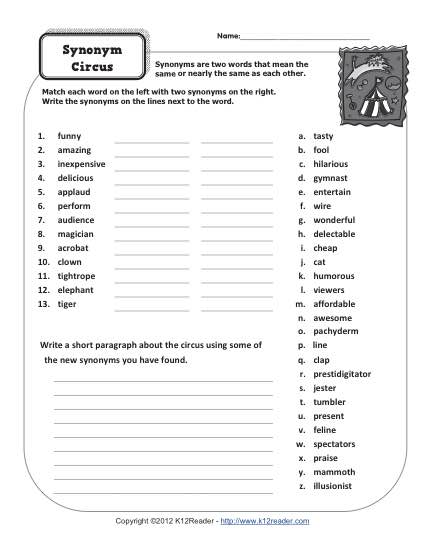 Free Printable Worksheet for 5th Grade Synonyms Image