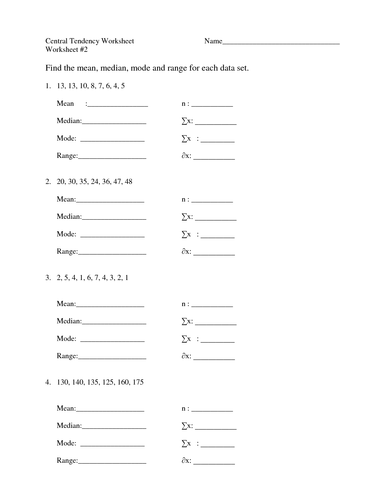 Central Tendency Worksheets 8th Grade