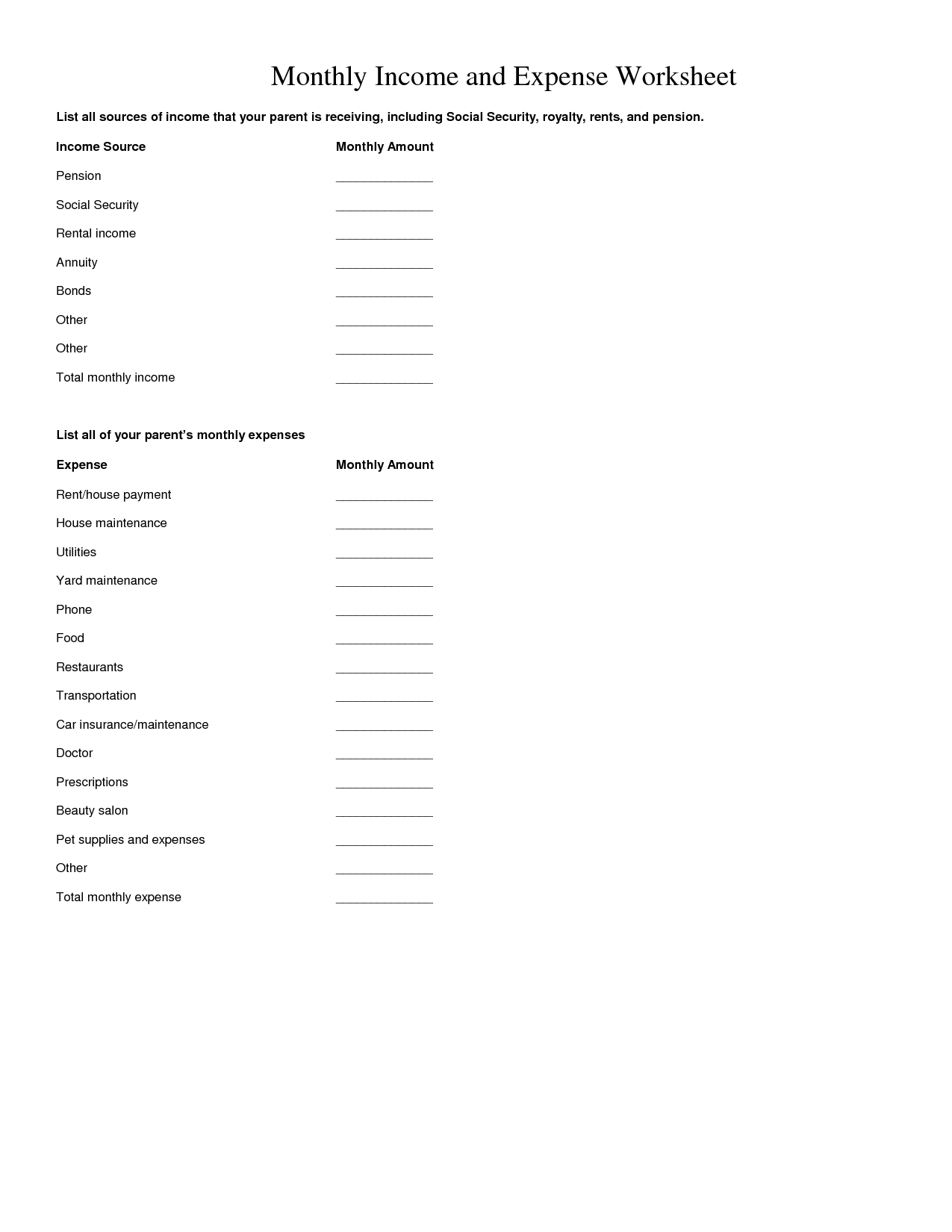 Monthly Income Expense Worksheet Template Image