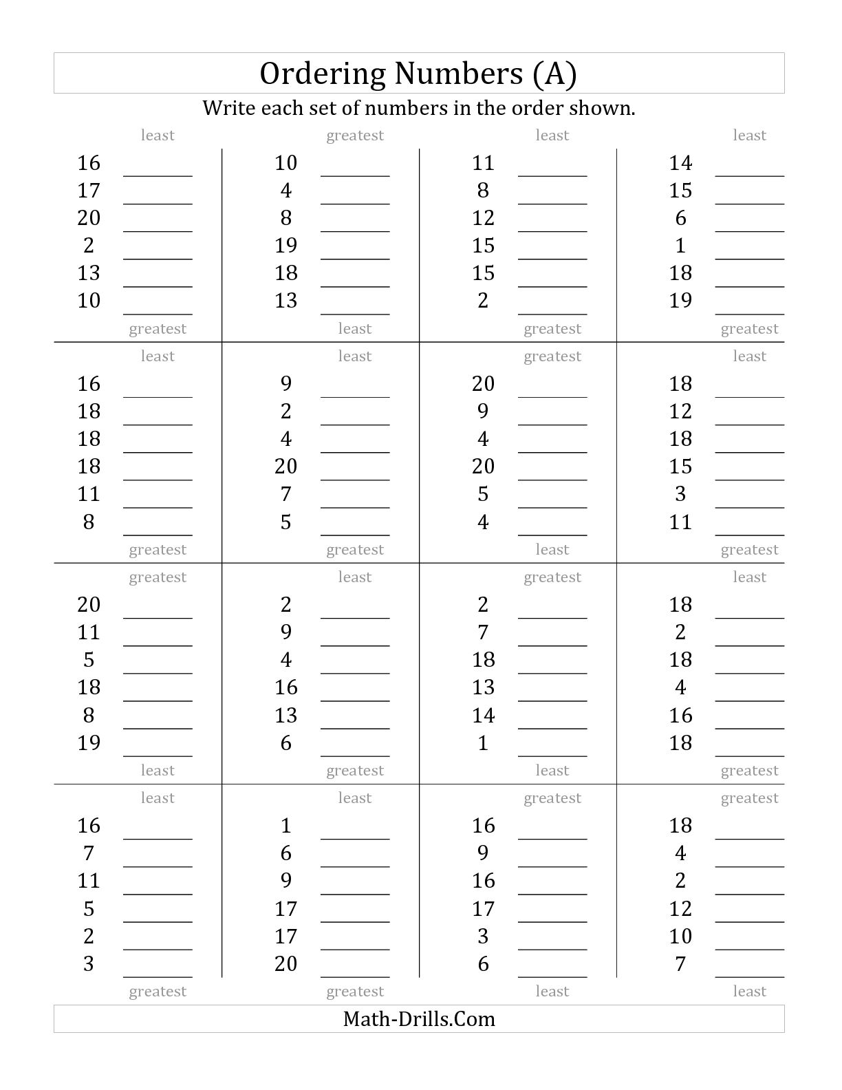 Numbers 1 through 20 Worksheets Image