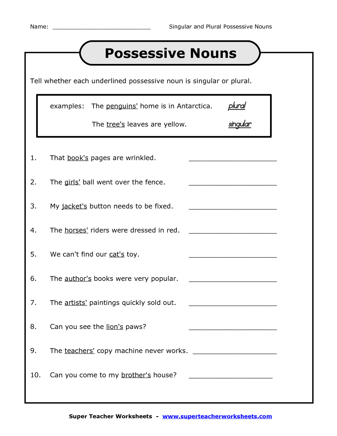 Plural And Possessive Nouns Worksheets For Middle School