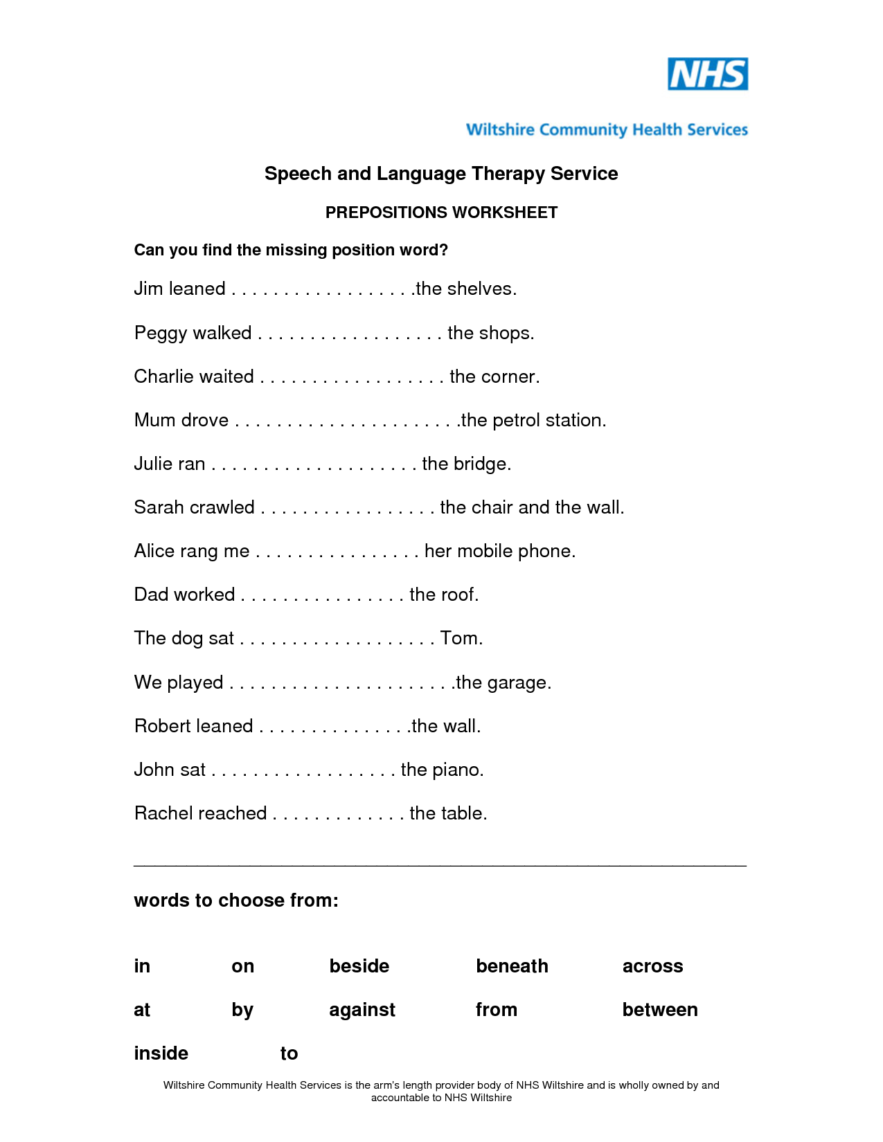 Preposition Worksheets PDF Image