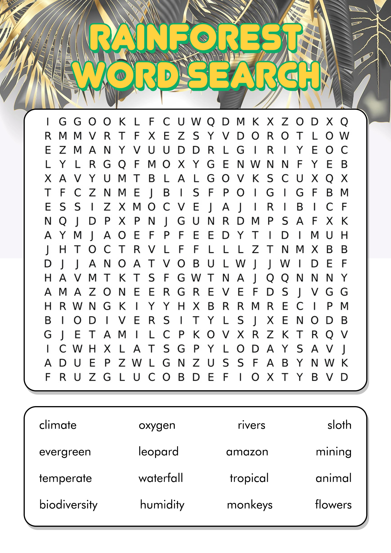 Rainforest Word Search Worksheet Image