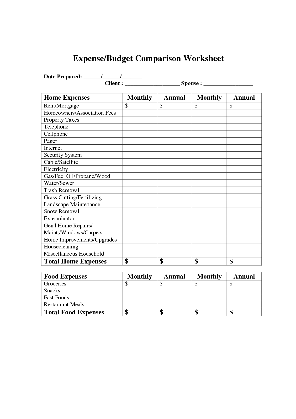 Sample Household Budget Worksheet Image