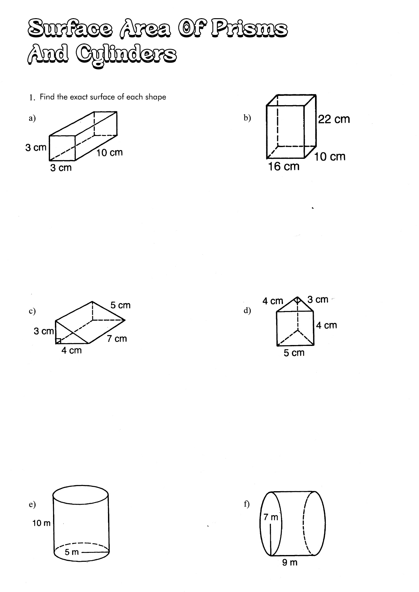 Surface Area of Prisms and Cylinders Worksheet Image
