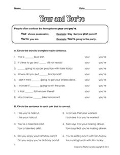 Your & Youre Homophone Worksheet Image