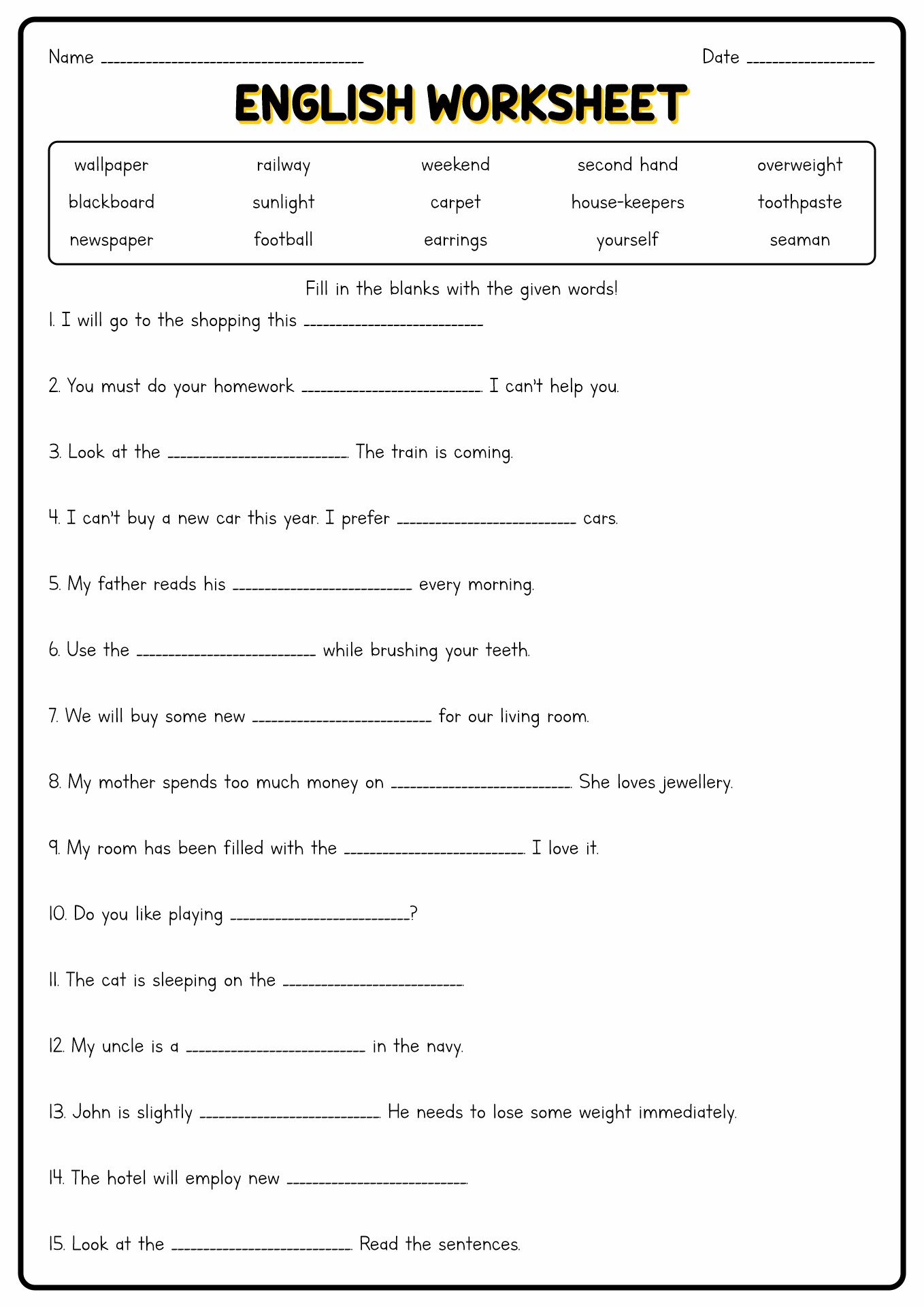 9th Grade Year 9 English Worksheets