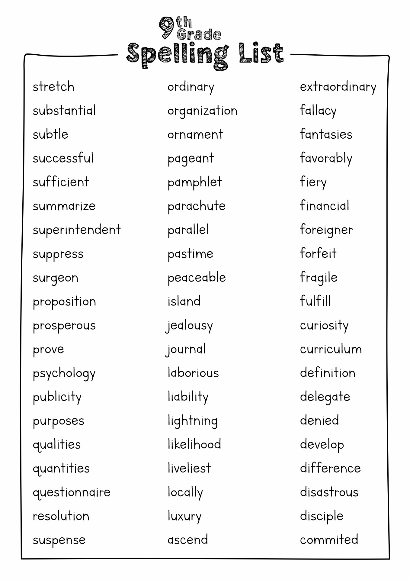 9th Grade Spelling Words Worksheets