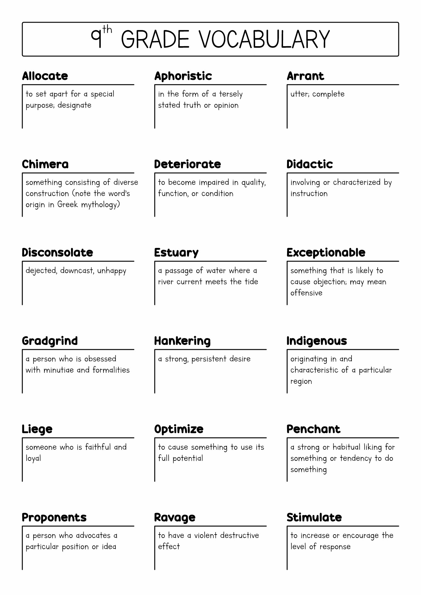 9th Grade Vocabulary Word List Image