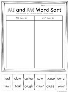 AU and AW Words Worksheets Image