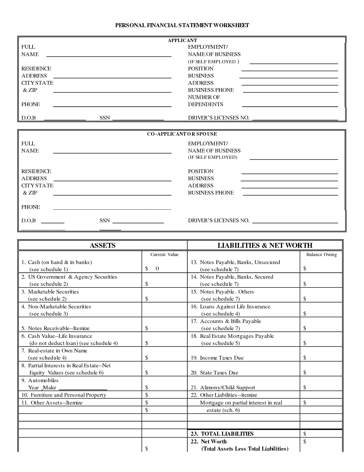 Business Financial Statement Form Printable Image