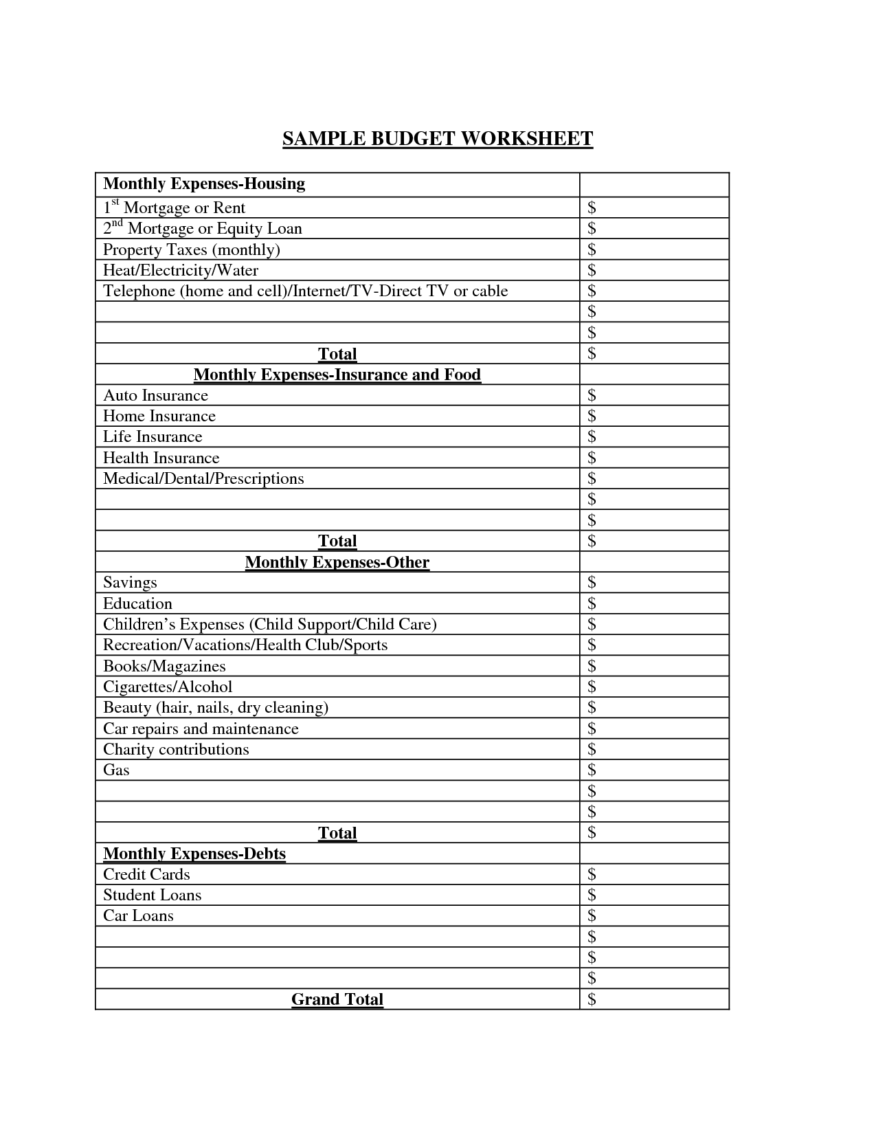 Free Printable Budget Worksheets Image